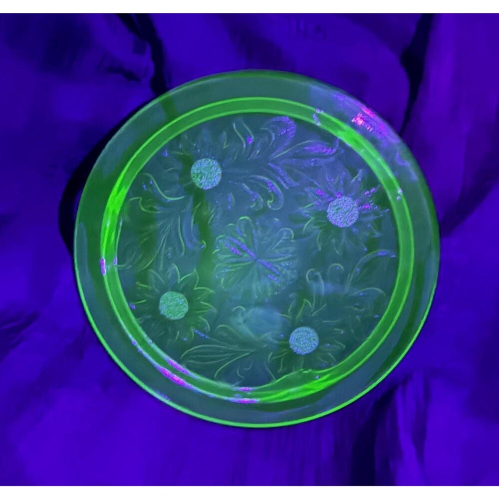 1930s Uranium Glass “Sunflower” Cake Plate with Three‎ Feet & Vintage Patina